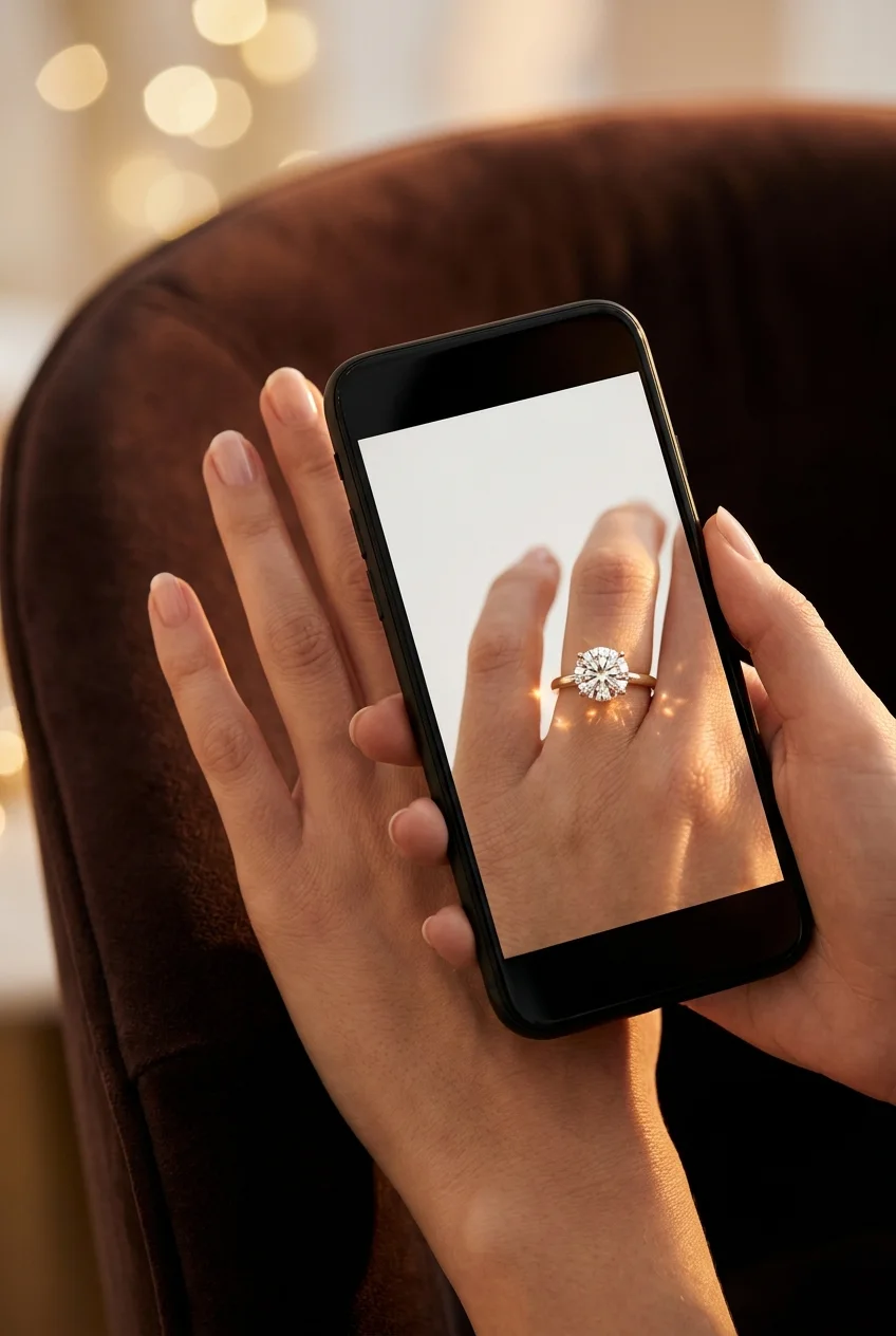 A hand rests on a velvet chair while a phone held above it shows that same hand with a diamond solitaire ring rendered on the ring finger — the bare hand beside the phone wears no ring.